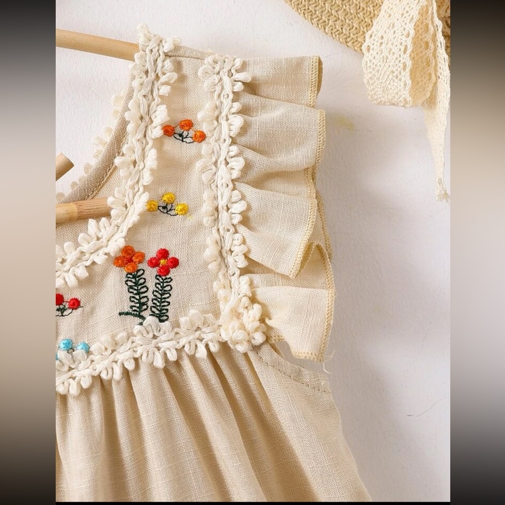 Floral Embroidered Linen Ruffle Smock Dress - Picture 3 of 7